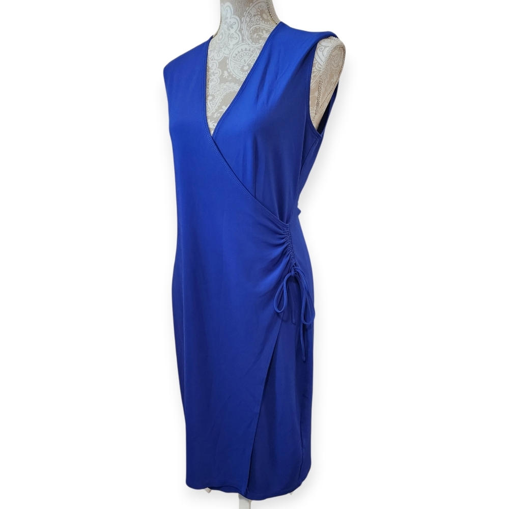 Vintage 1995 Laundry Shelli Segal Cobalt Blue Faux Wrap Sleeveless Dress Size 8